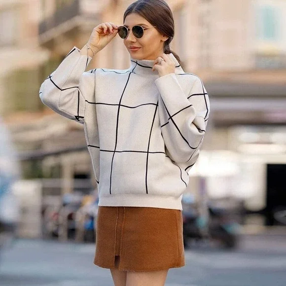 Chicwish Wool Blend Long Sleeve Grid Windowpane Turtleneck Sweater Cream Black - Picture 2 of 6